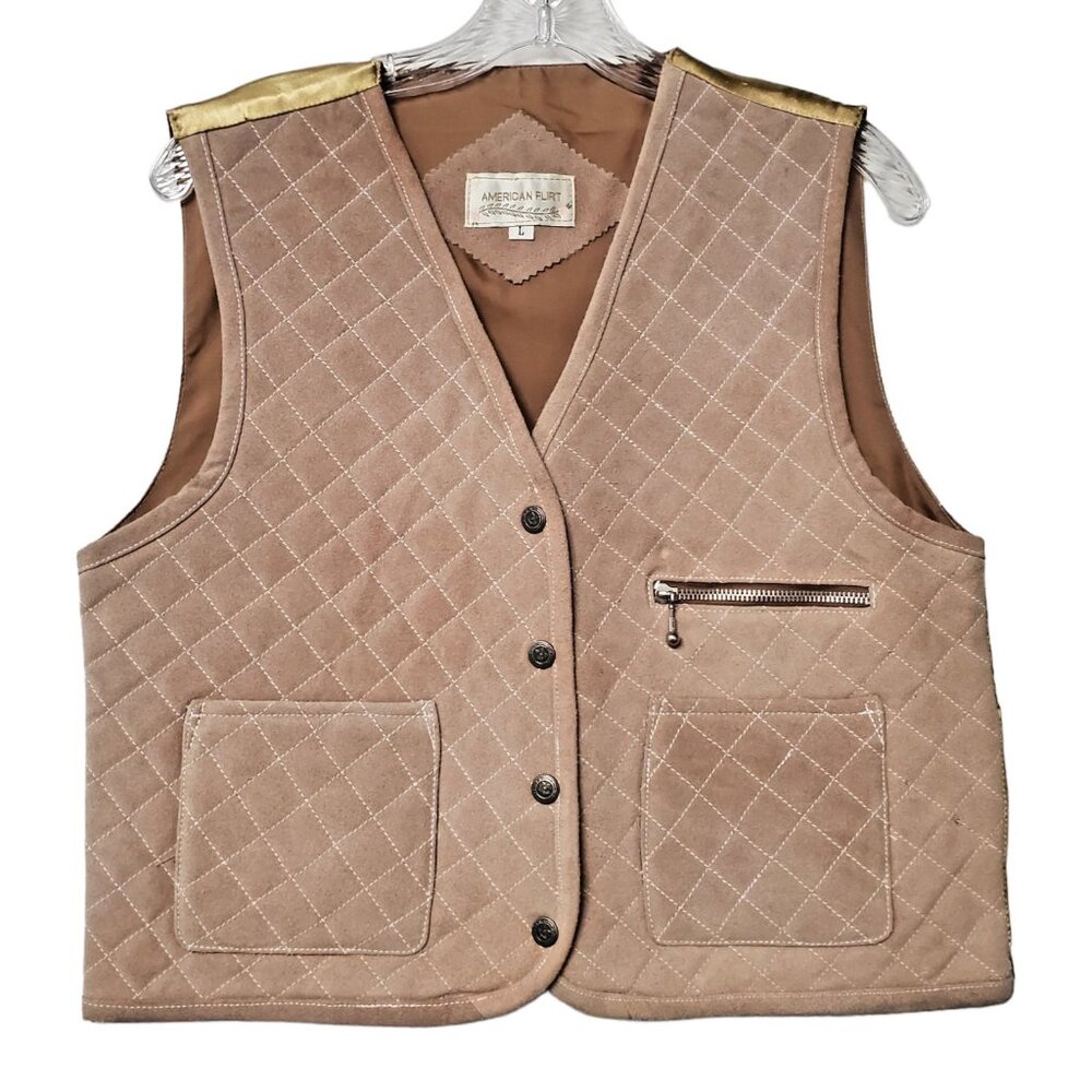 AMERICAN FLIRT Leather Vest  Womens L Tan Suede Quilted Pockets Lined